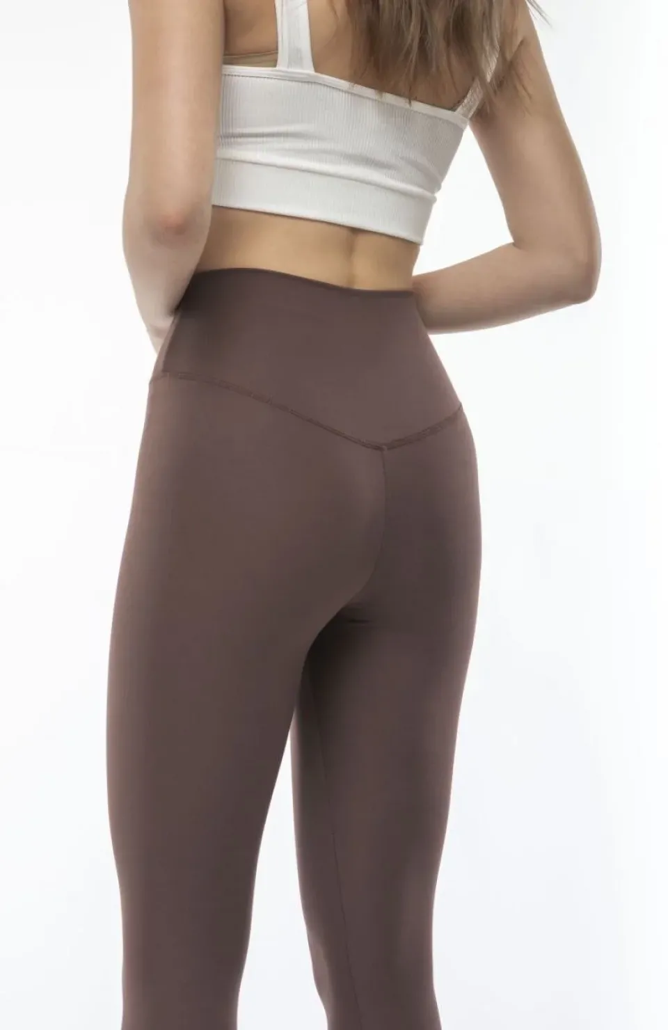 Kadın Yüksek Bel Sporcu Düz Tayt - Kahverengi