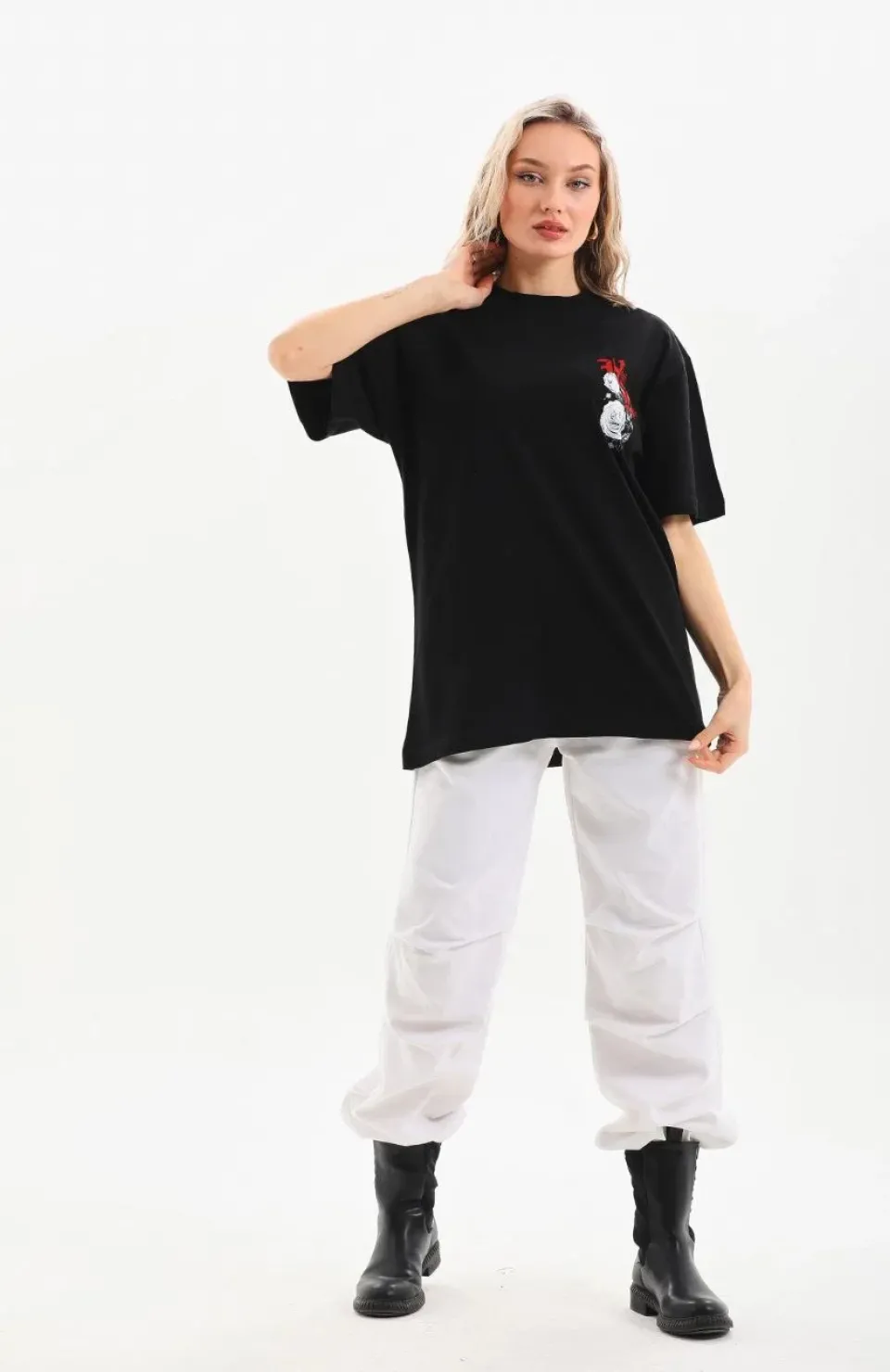 Unisex Baskılı Oversize T-Shirt - Siyah