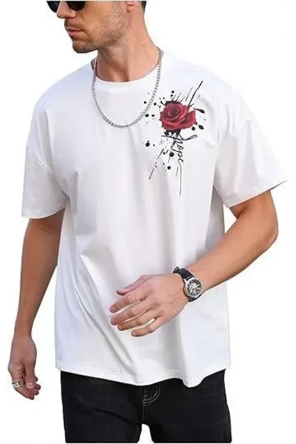 Erkek Bisiklet Yaka Kısa Kol Baskılı T-shirt - Beyaz