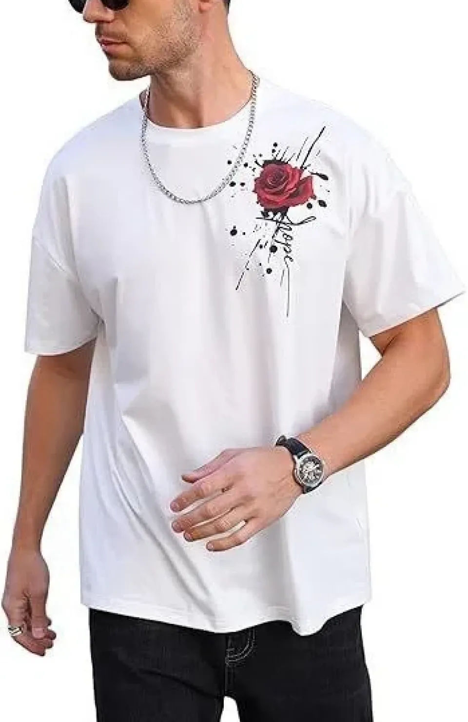 Erkek Bisiklet Yaka Kısa Kol Baskılı T-shirt - Beyaz