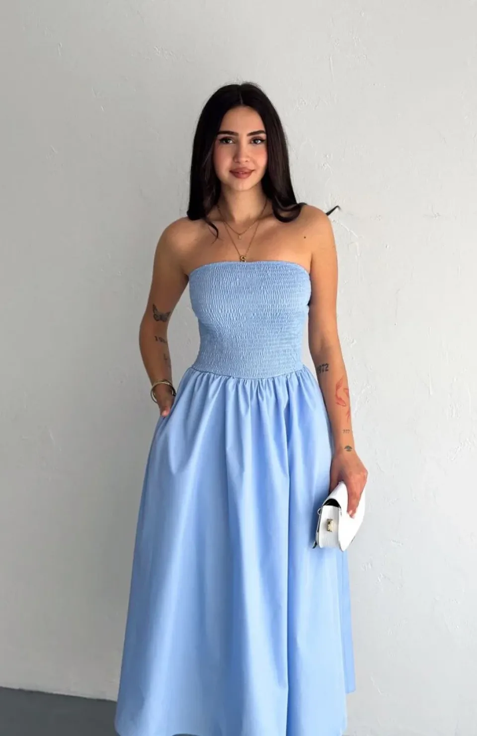 Straplez Pileli Elbise - Açık Mavi