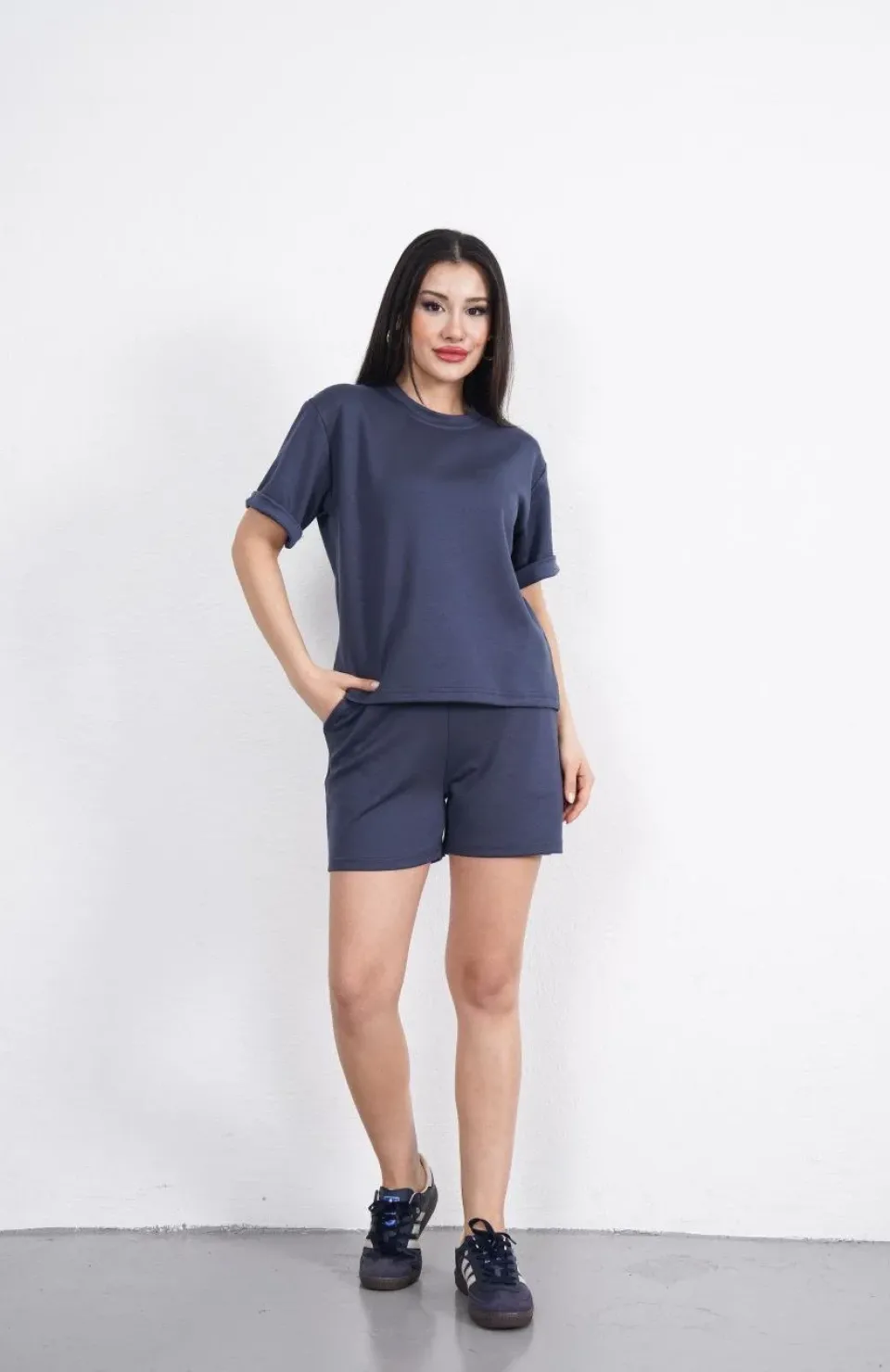 Osy Modal yumuşak dokulu Kumaş Kadın Bisiklet Yaka T-shirt Kısa Şort İkili Takım - Antrasit