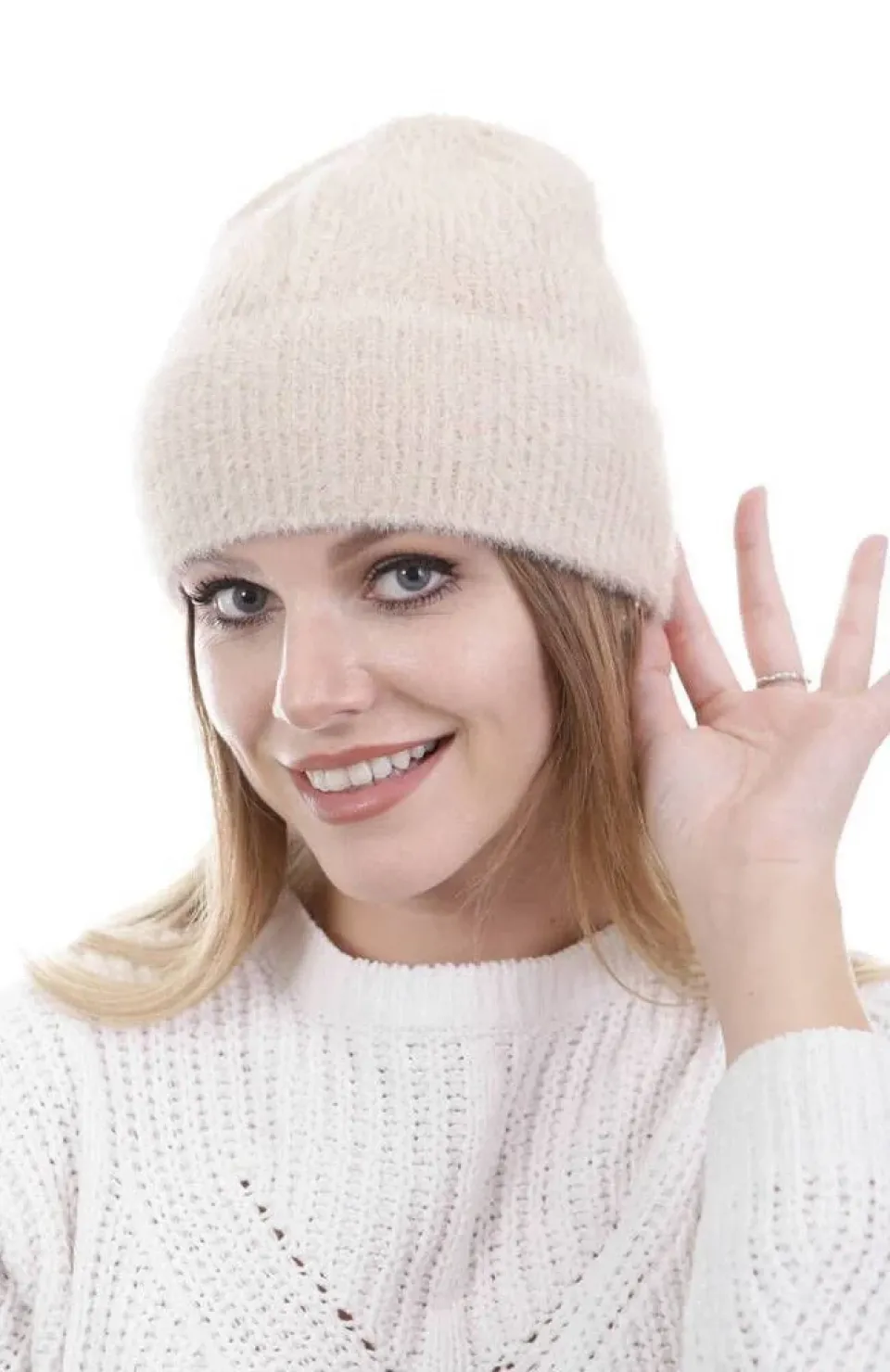 Unisex Tam Kalıp İnce Sakallı Triko Bere - Bej