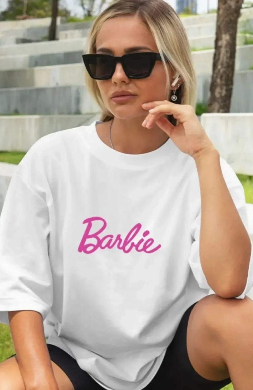 Kadın Baskılı Oversize T-shirt - Beyaz