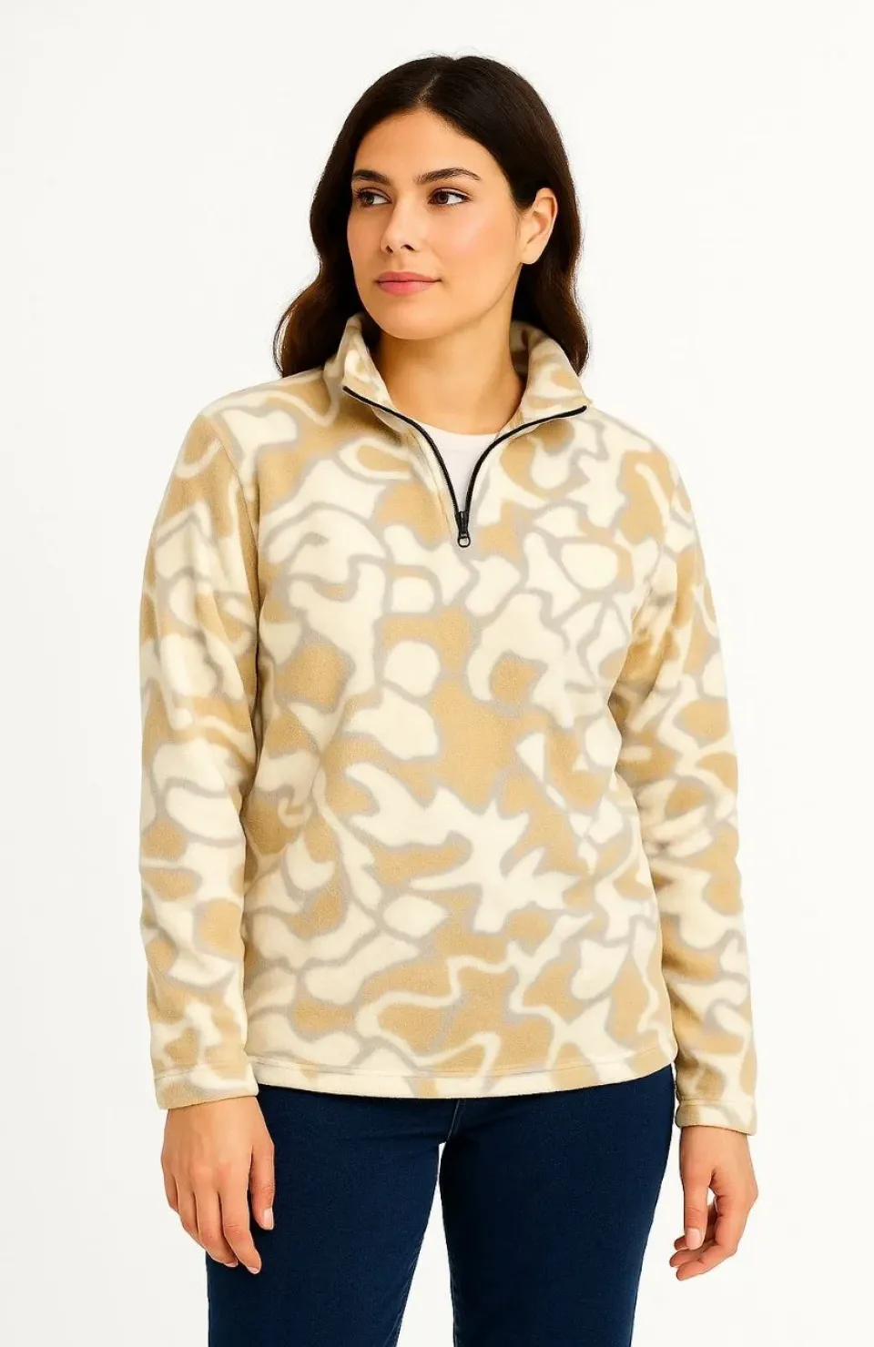 KADIN Yarım Fermuarlı Desenli Polar Sweat Yakalı, Uzun Kollu, Oversize Rahat Kalıp - Bej