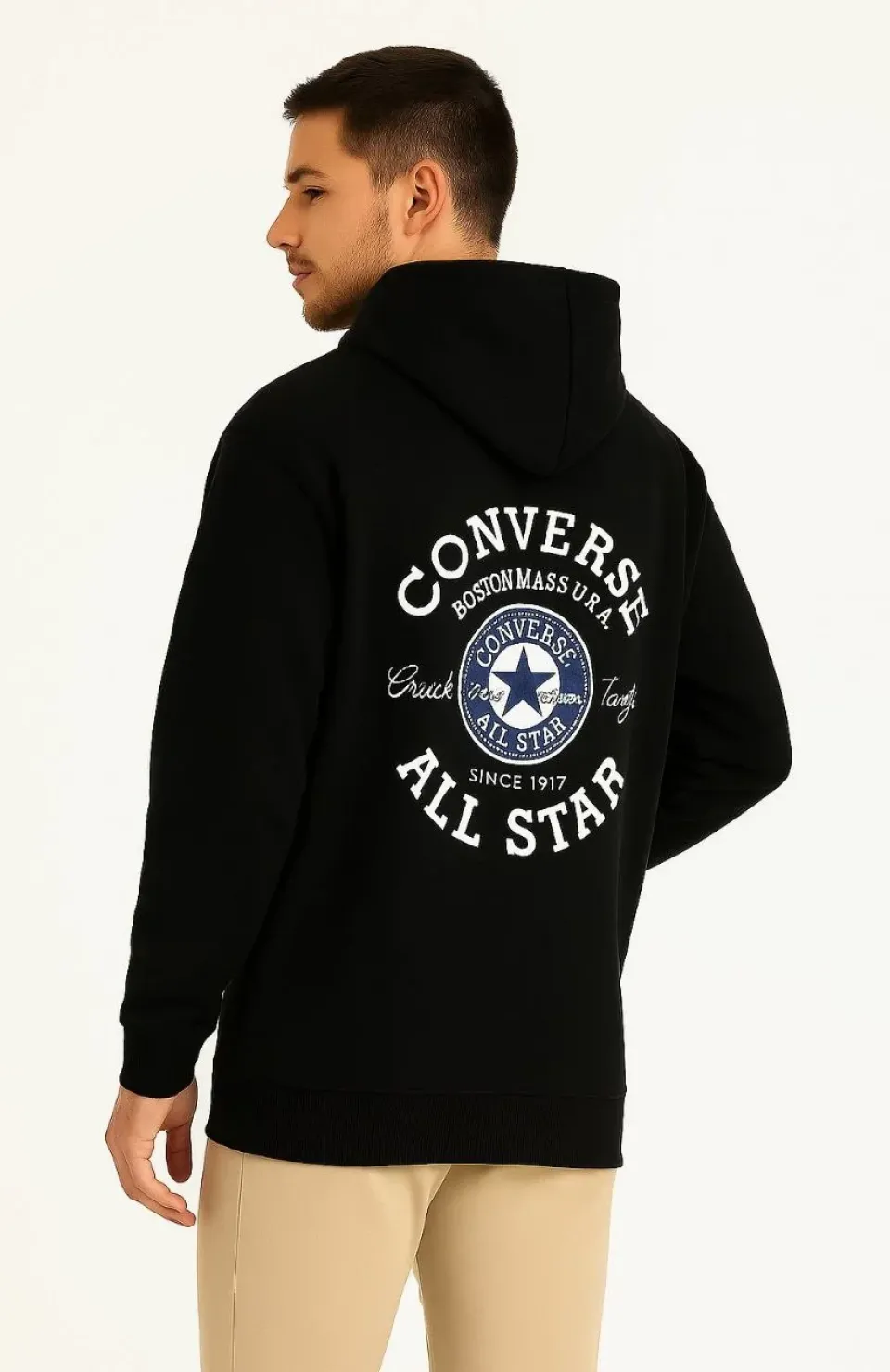 Erkek Kapşonlu Sweatshirt – Üç İplik Şardonlu Kumaş, Oversize Fit, Ön & Arka Baskılı, Kanguru Cepli, Kışlık Rahat Hoodie- Siyah