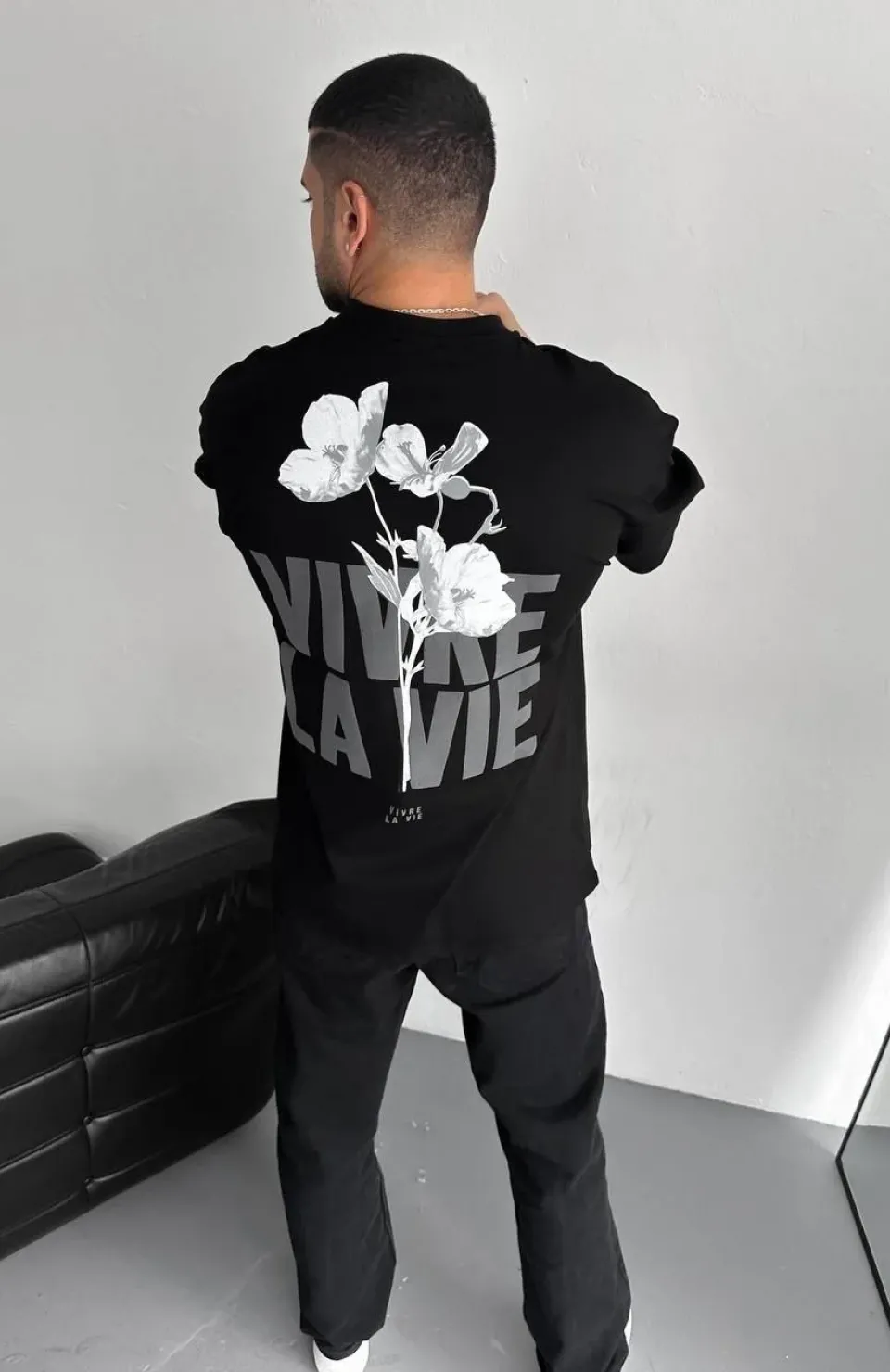 Baskılı Oversize Bisiklet Yaka T-shirt - Siyah