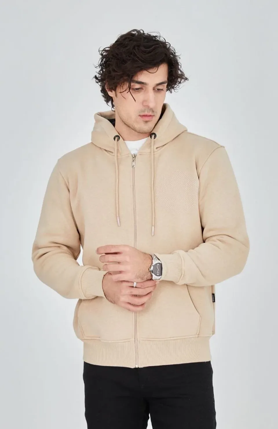 Unisex Tam Fermuarlı Kapşonlu  SweatShirt - Bej