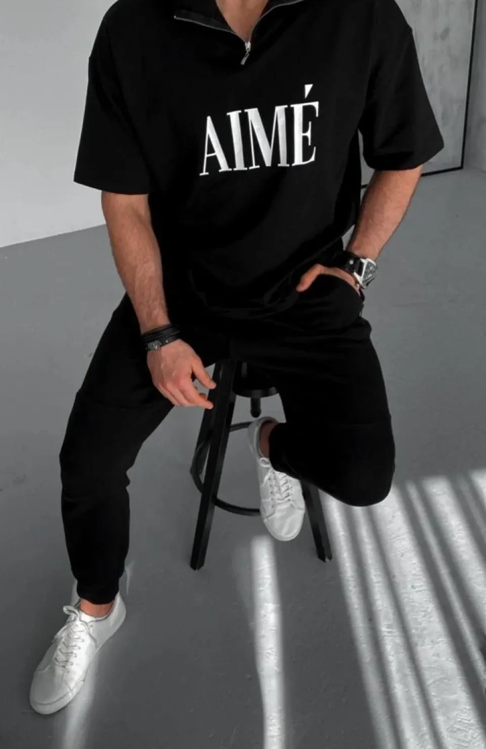 Unisex Yarım Fermuarlı Baskılı T-Shirt - Siyah