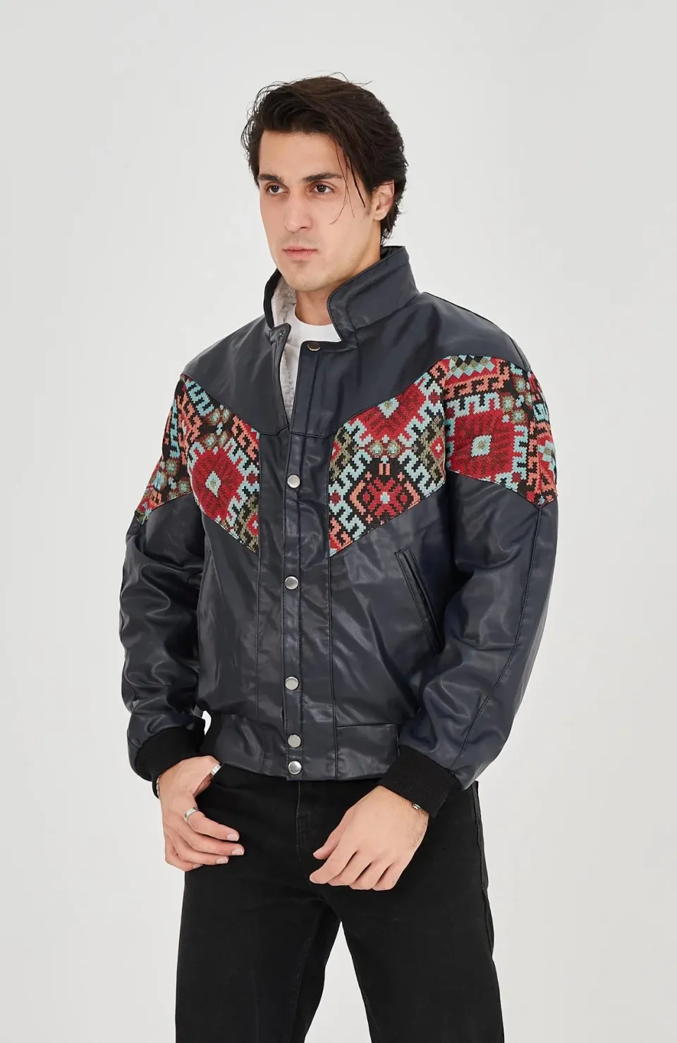 Erkek İçi Astarlı İçten Yaka Kısmı Peluşlu Suni Kumaş Vintage Ceket - Lacivert