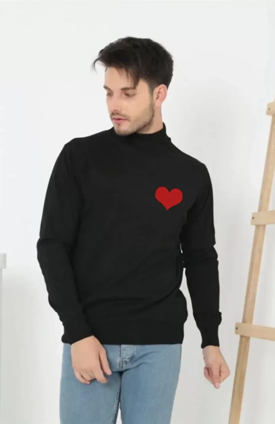 Unisex Yarım Boğazlı Baskılı Dokuma Triko - Siyah