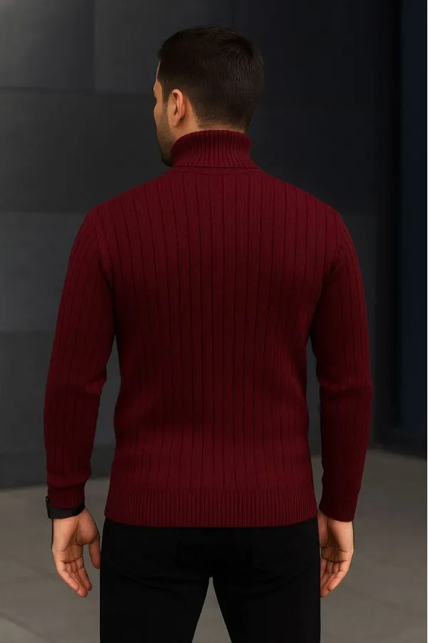 Erkek Fitilli Triko Kazak 2'li Set Bordo Siyah Regular Balıkcı Yaka Tam Boğazlı Triko Seti Modeli Kazak