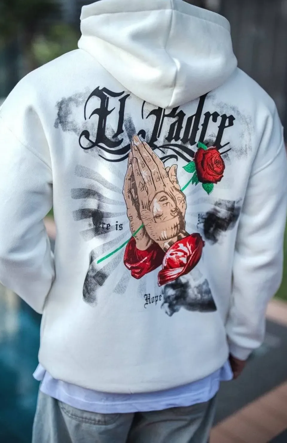 Üç İplik Penye Kapşonlu Baskılı SweatShirt - Beyaz