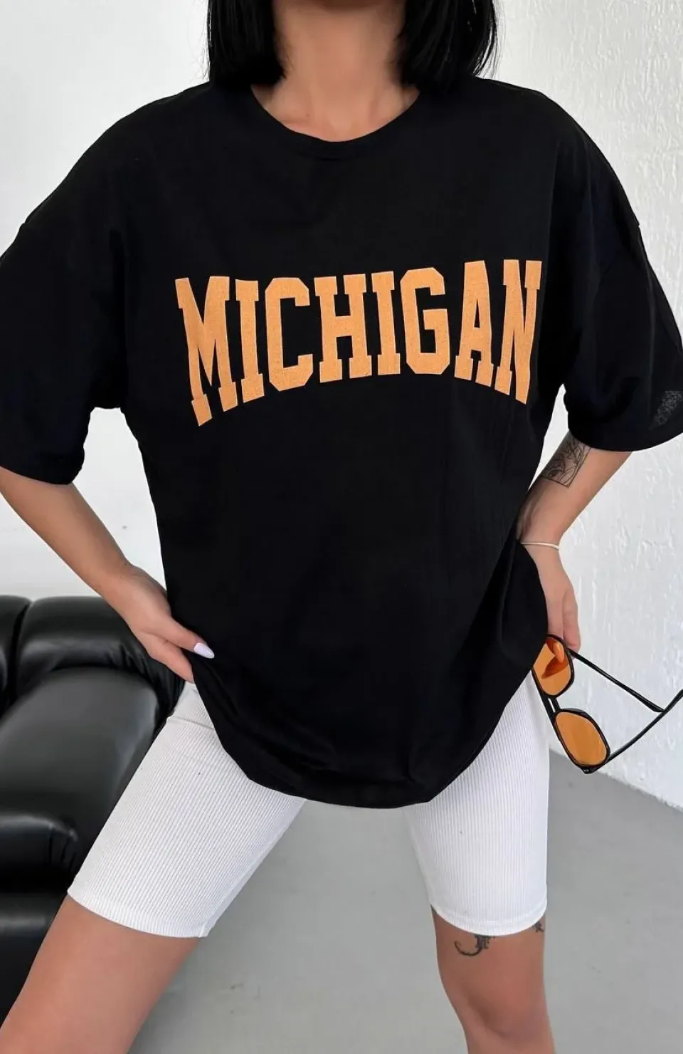 Unisex Bisiklet Yaka Baskılı Oversize T-Shirt - Siyah