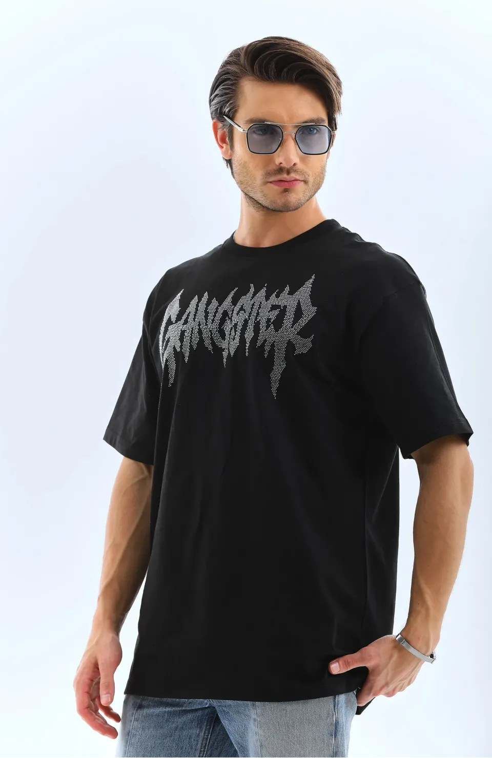 Unisex Oversize Taşlı Bisiklet Yaka T-Shirt - Siyah