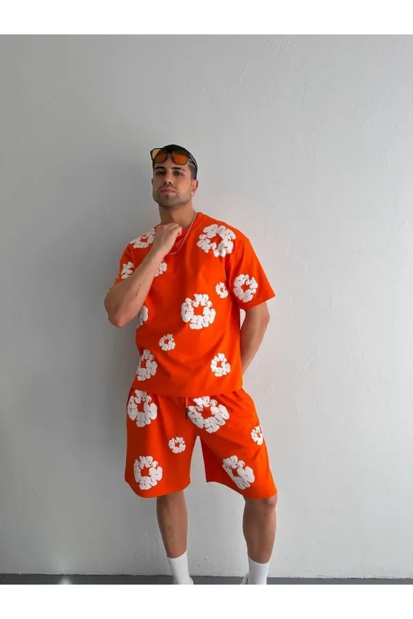 İki İplik Kumaş Baskılı T-shirt Şortlu Takım- Turuncu