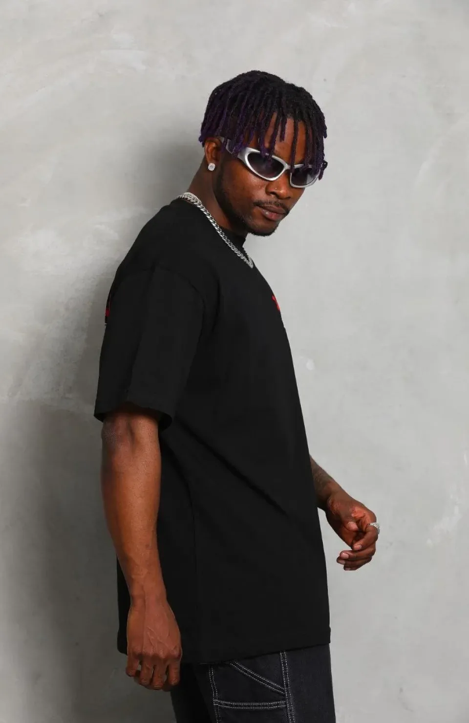 Unisex Oversize Baskılı Bisiklet Yaka T-Shirt - Siyah