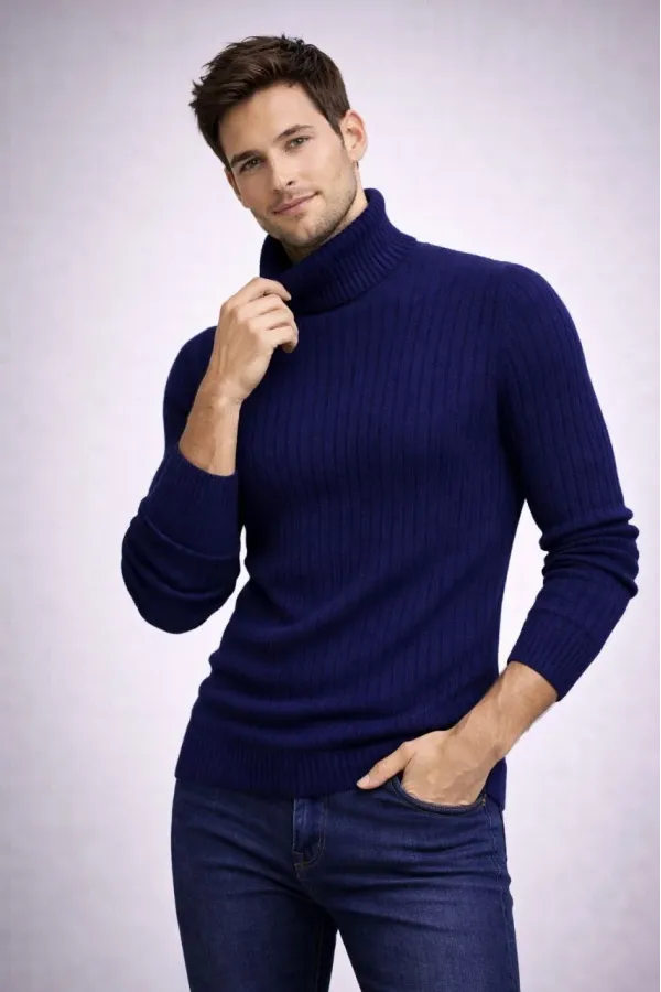Erkek Balıkcı Yaka Bağazlı Triko Kazak Pamuklu Kalın Fitilli Dokuma, Regular Fit Uzun Kollu Kışlık Model - Lacivert