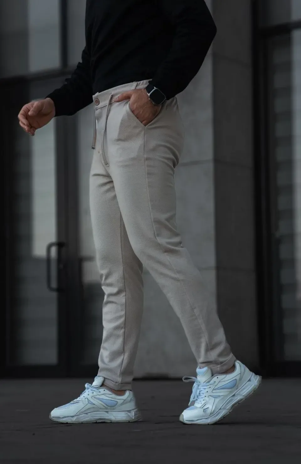 Erkek Diagonel Mikro dokulu Cepli Pantolon - Bej