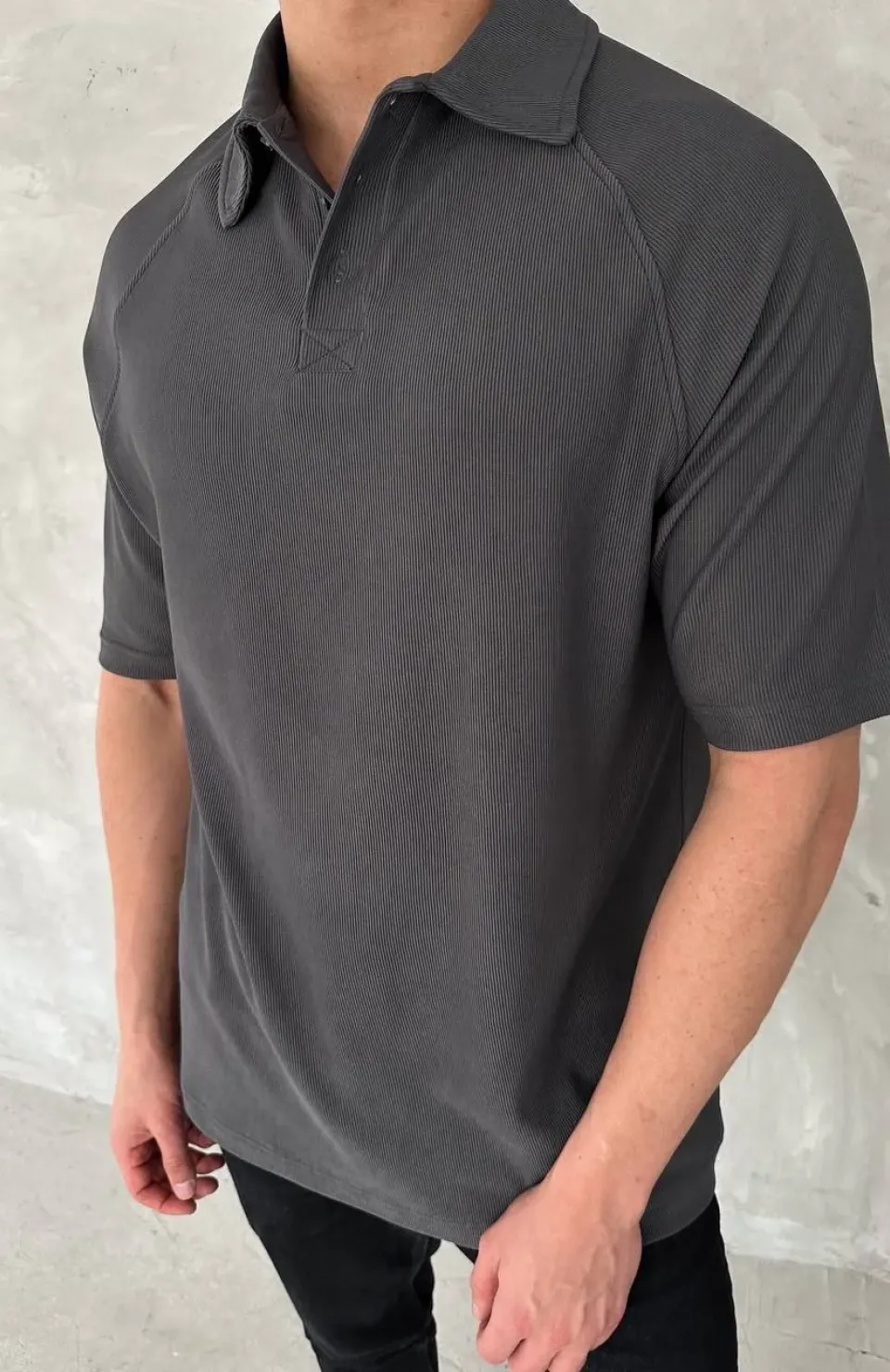 Yakalı Patlı Kısa Kol T-shirt - Antrasit