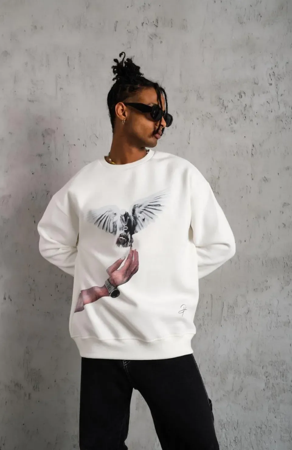 Erkek Güvercin Baskılı Sweatshirt - Beyaz