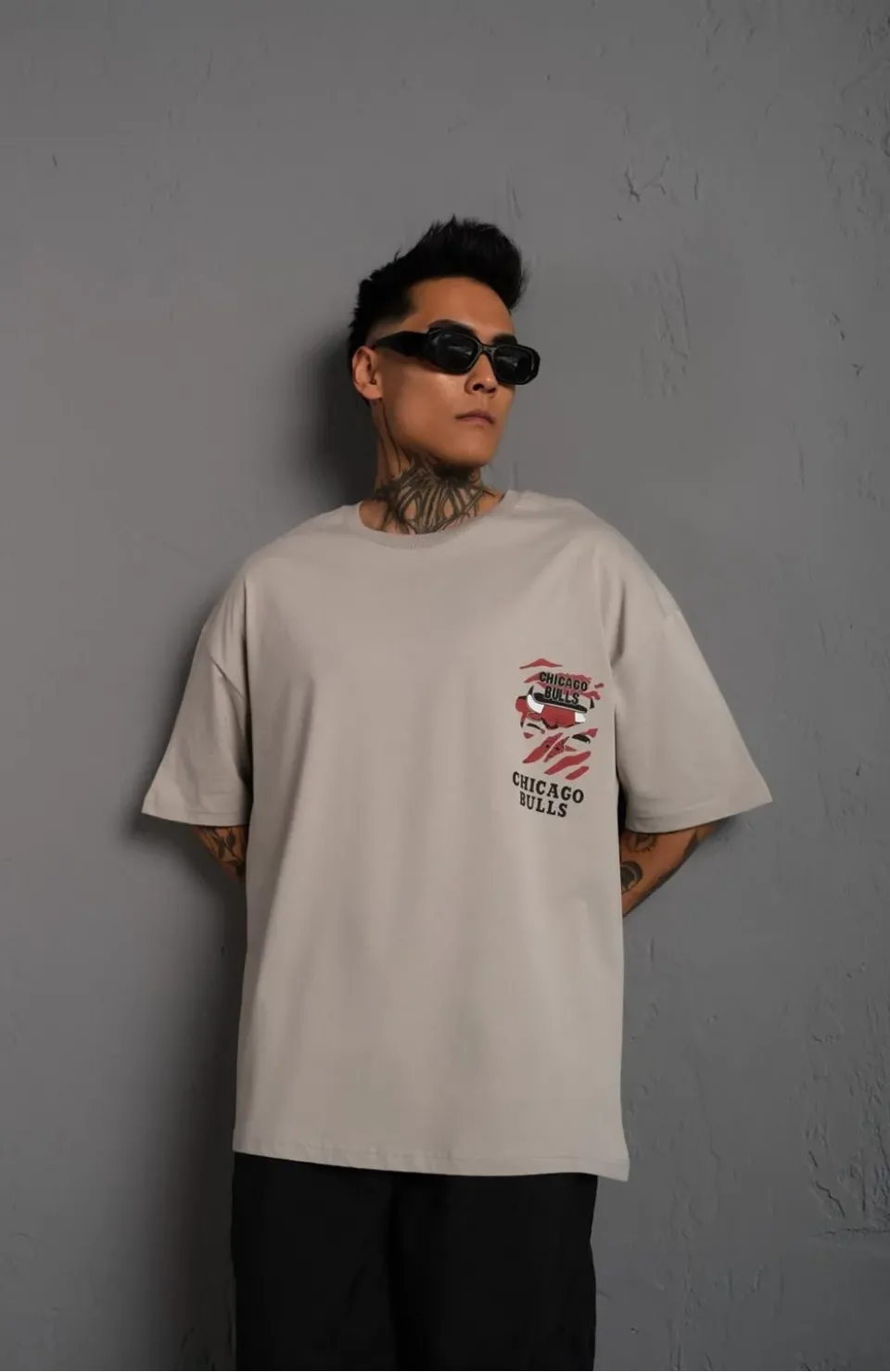 Erkek Sırt Baskılı A Kalite Oversize T-shirt - Gri