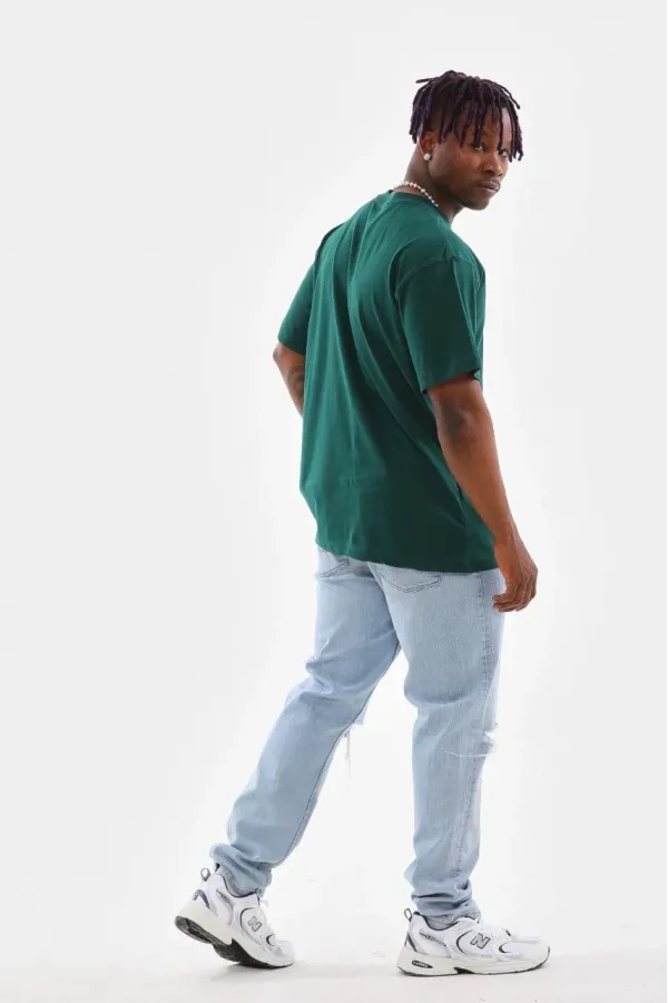 Unisex Oversize Düz Bisiklet Yaka T-Shirt - Koyu Yeşili