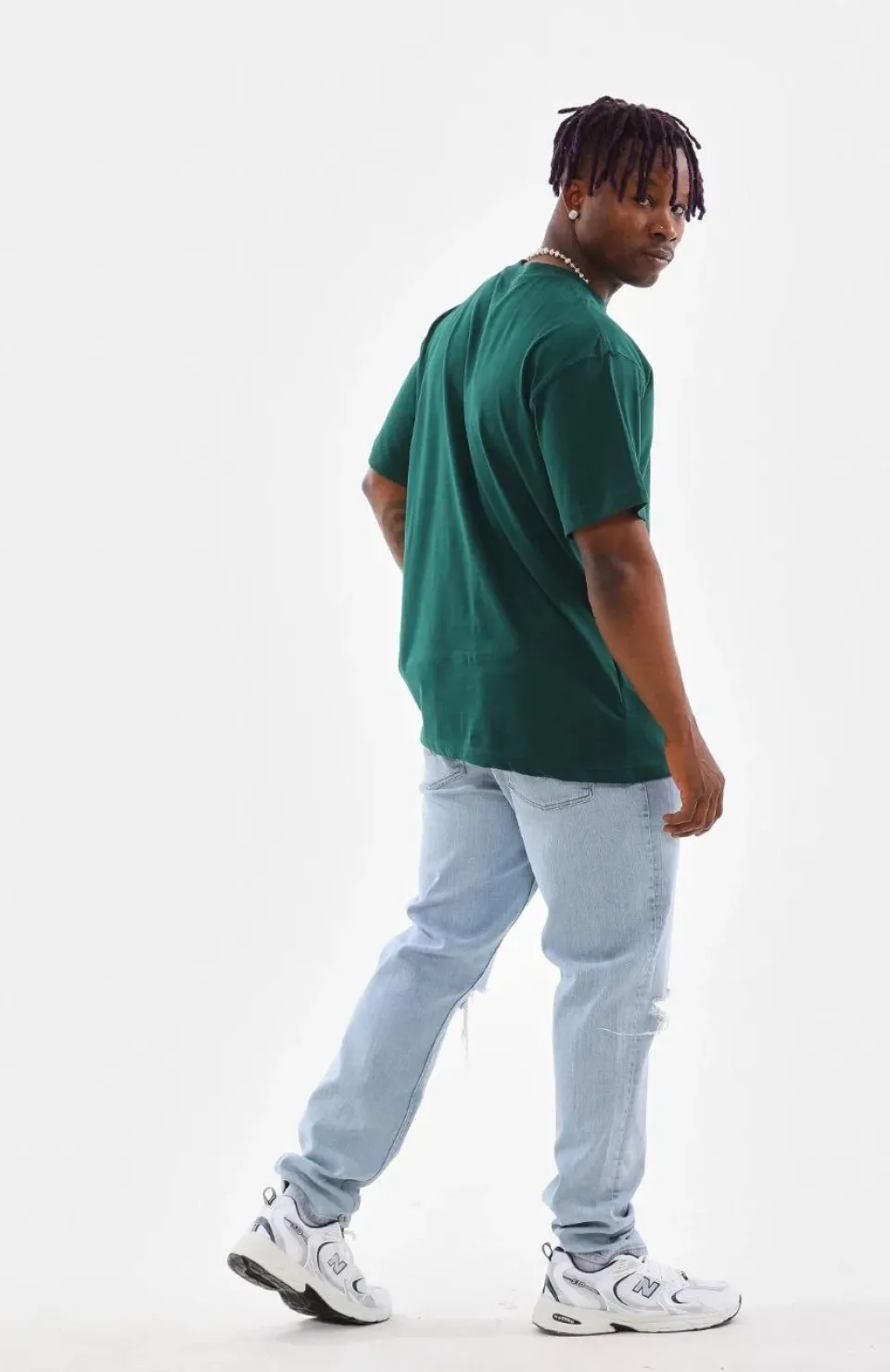 Unisex Oversize Düz Bisiklet Yaka T-Shirt - Koyu Yeşili