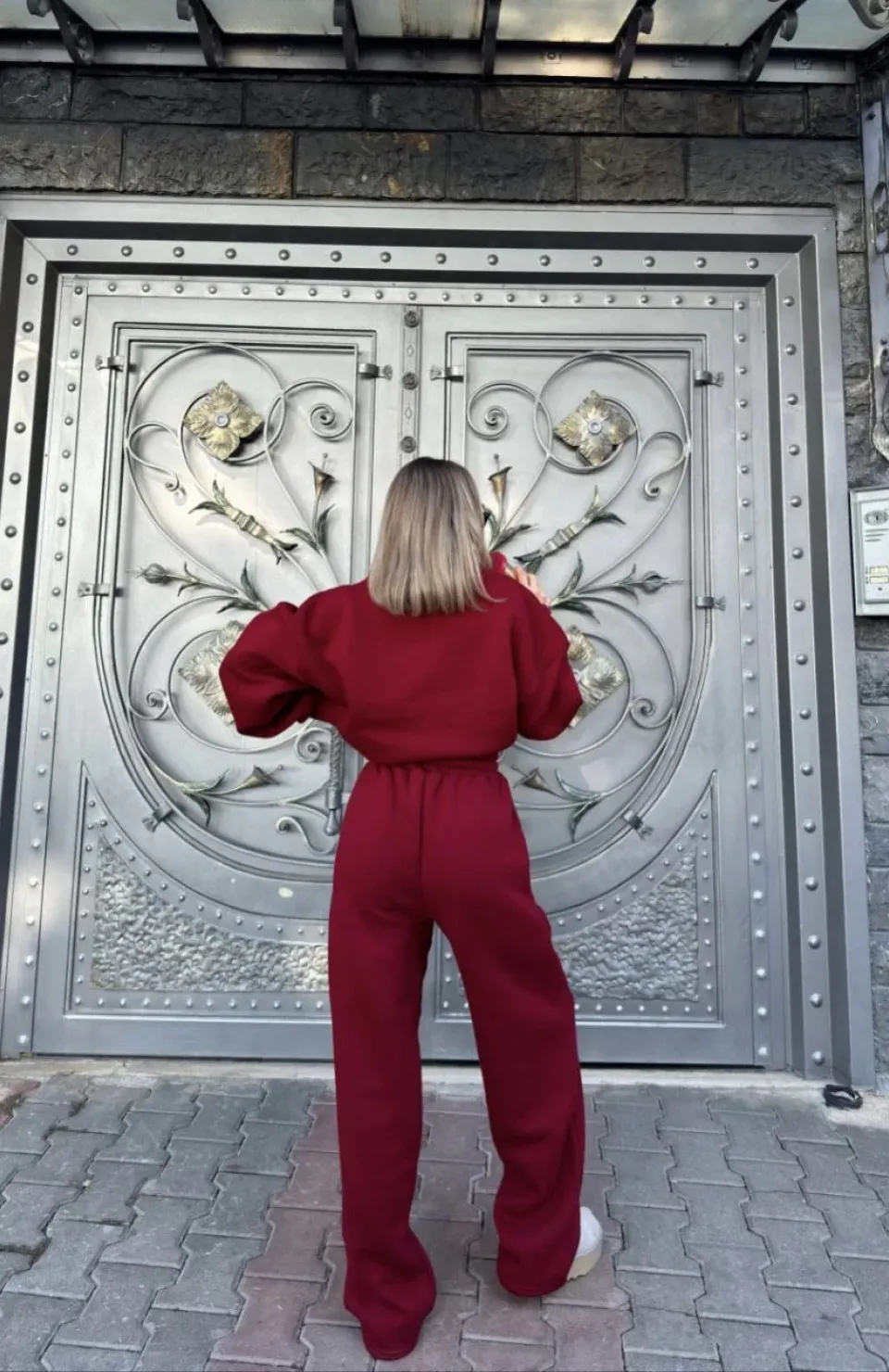 Geniş V Yaka Üç İplik Sweat Takım - Bordo