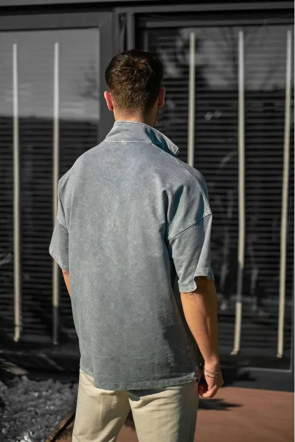 Unisex Yarım Fermuarlı Yıkamalı T-Shirt - Gri