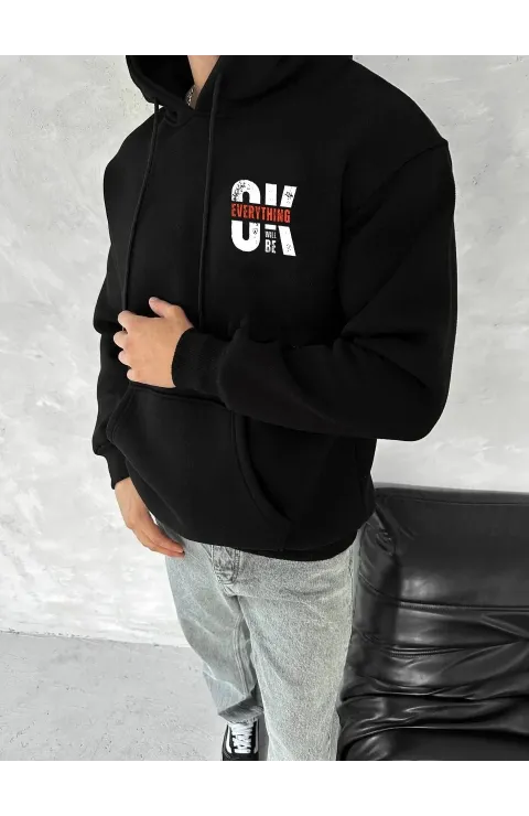 Oversize Üç İplik Kapüşonlu SweatShirt - Siyah