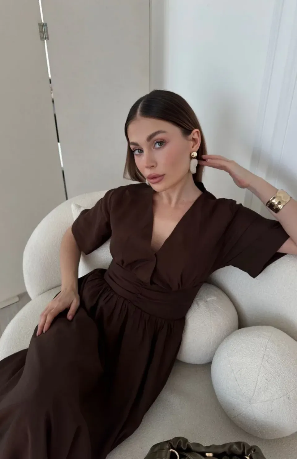 Kısa Kollu Uzun Elbise - Kahve