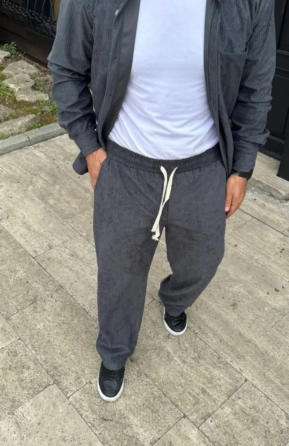 Erkek Fitilli Kadife Cepli Buggy Pantolon Oversize Rahat Kalıp - Füme