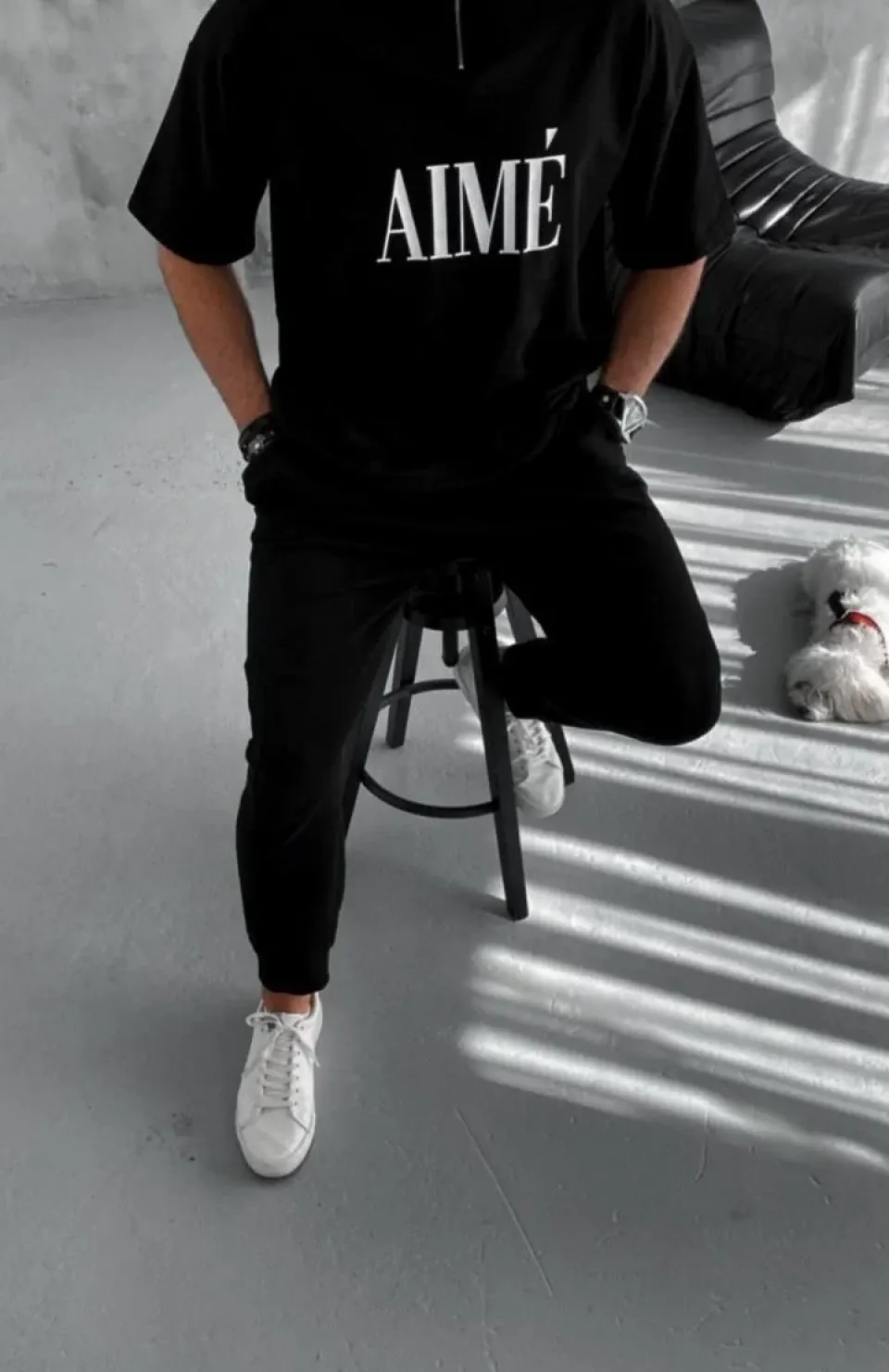 Unisex Yarım Fermuarlı Baskılı T-Shirt - Siyah