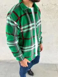 Erkek Ekose Desenli Düğmeli Polar Yakalı Uzun Kollu Gömlek Oversize Rahat Kalıp - Yeşil