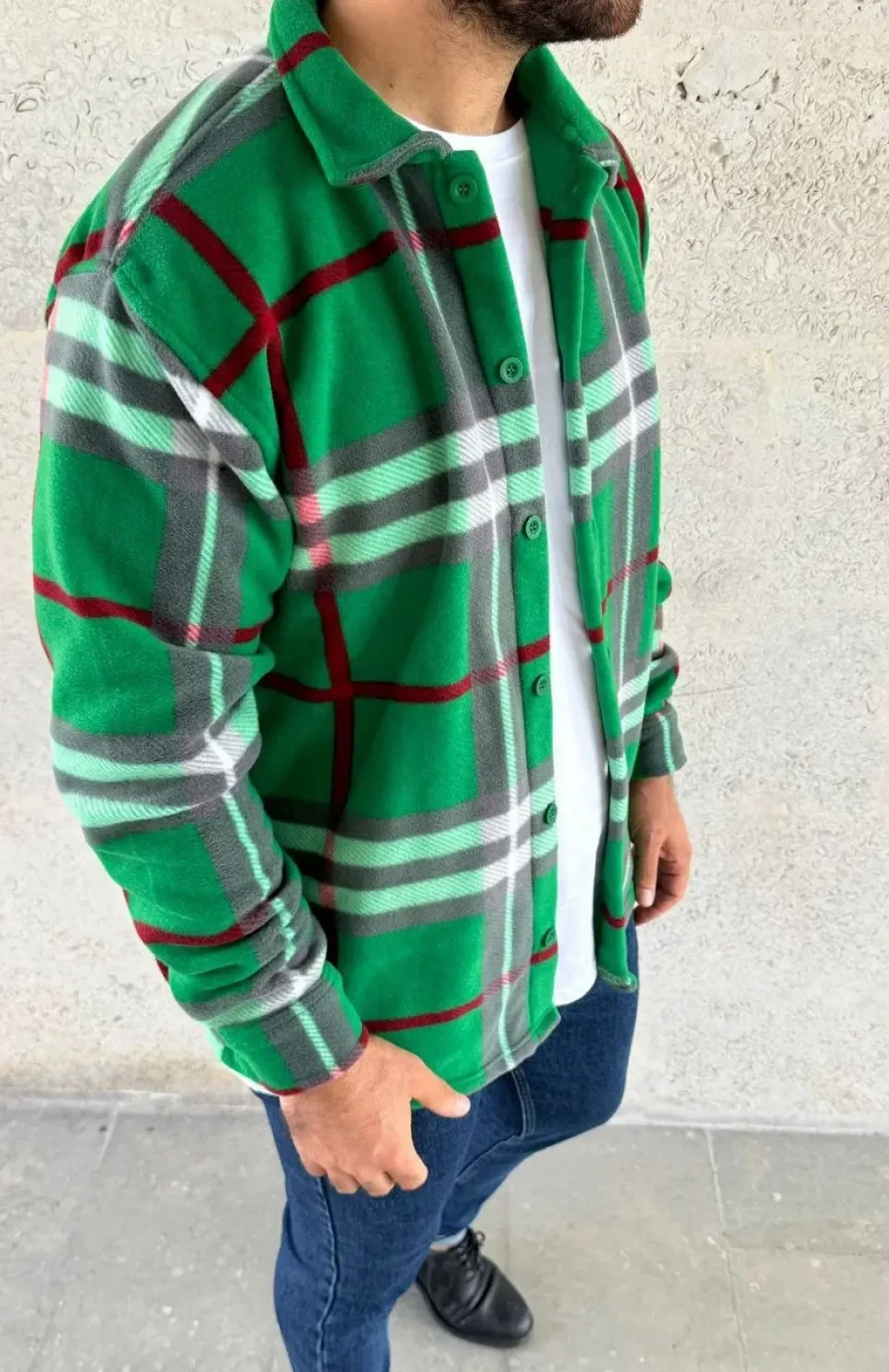 Erkek Ekose Desenli Düğmeli Polar Yakalı Uzun Kollu Gömlek Oversize Rahat Kalıp - Yeşil