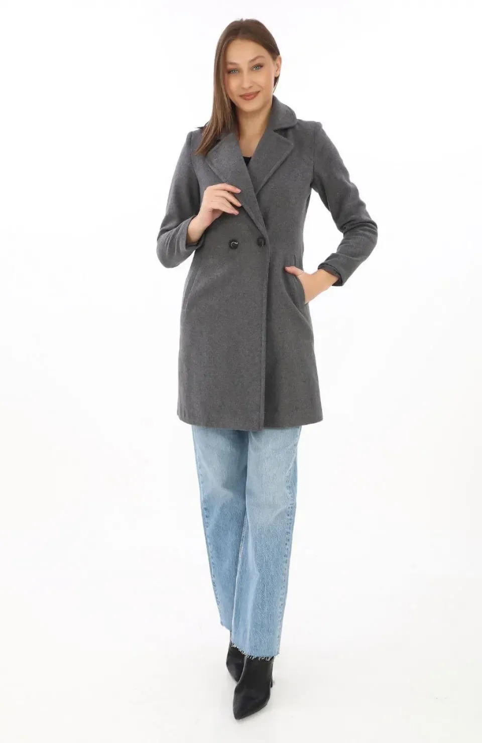 Düğmeli İçi Astarlı Kadın Kaşmir Kaşe Kaban - Füme Somersan Giyim | Kadın, Erkek ve Çocuk Moda