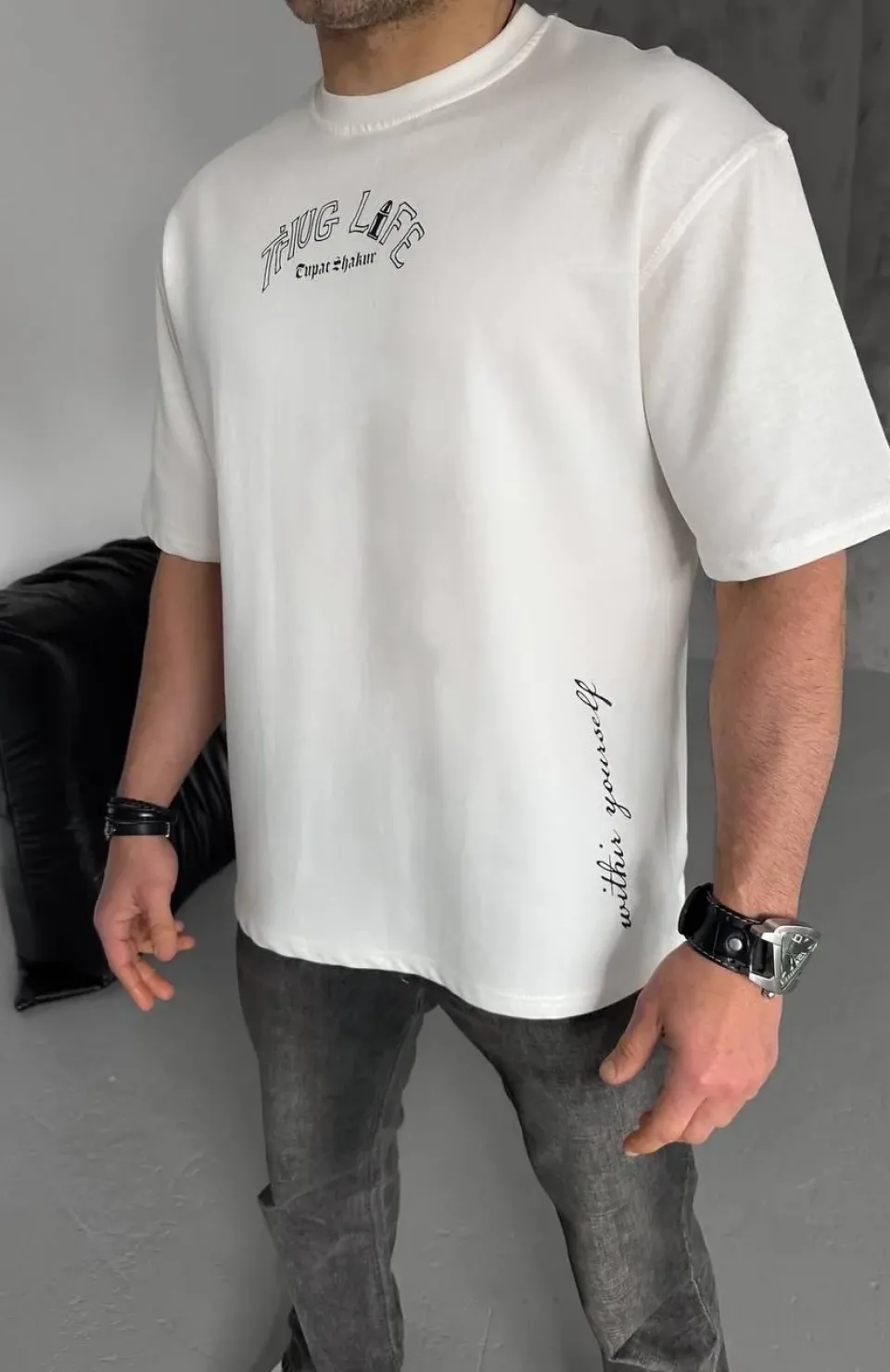 Unisex Baskılı Oversize T-Shirt - Beyaz