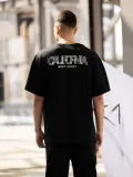 Unisex Bisiklet Yaka Baskılı Oversize T-Shirt - Siyah