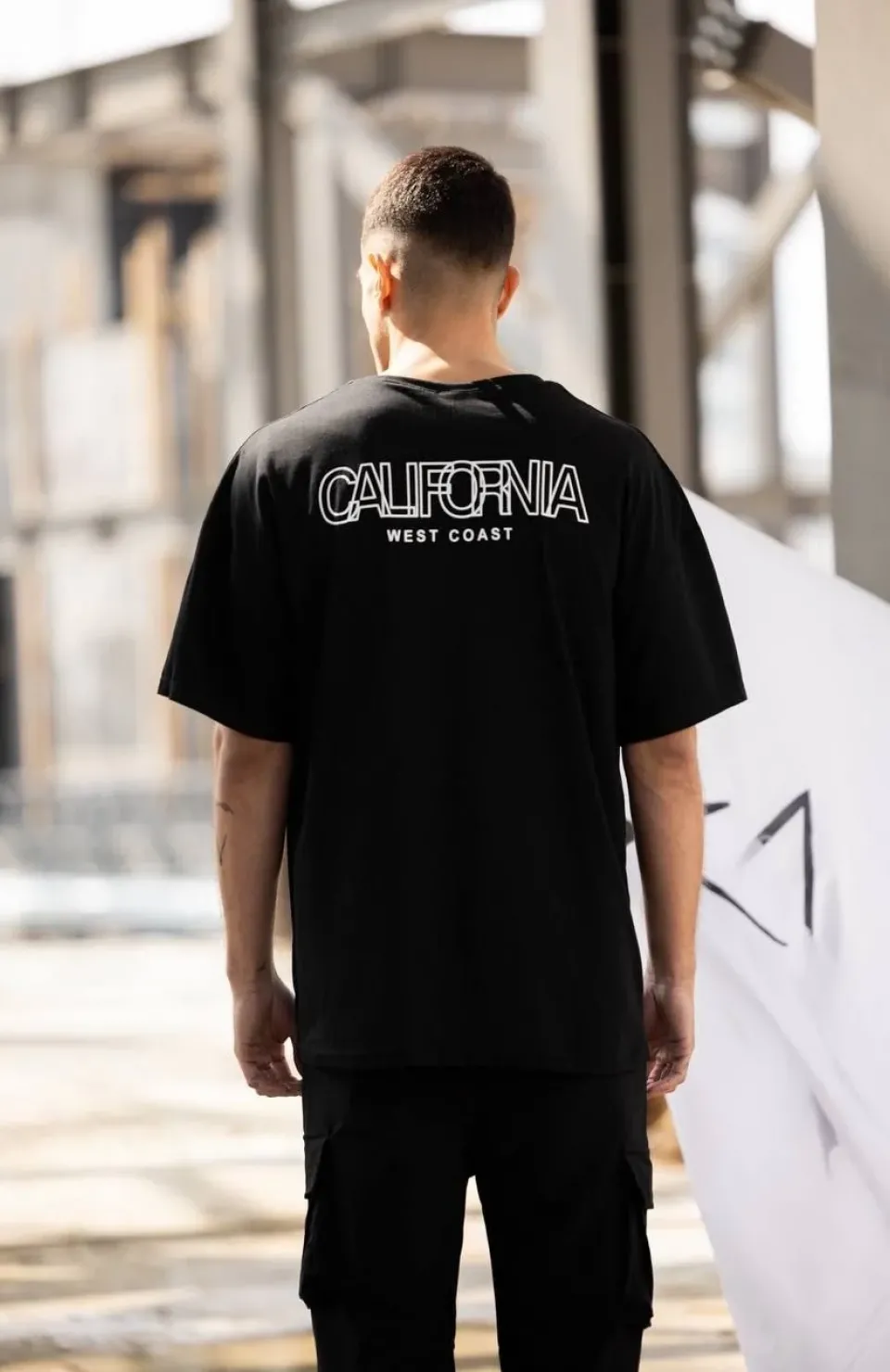 Unisex Bisiklet Yaka Baskılı Oversize T-Shirt - Siyah