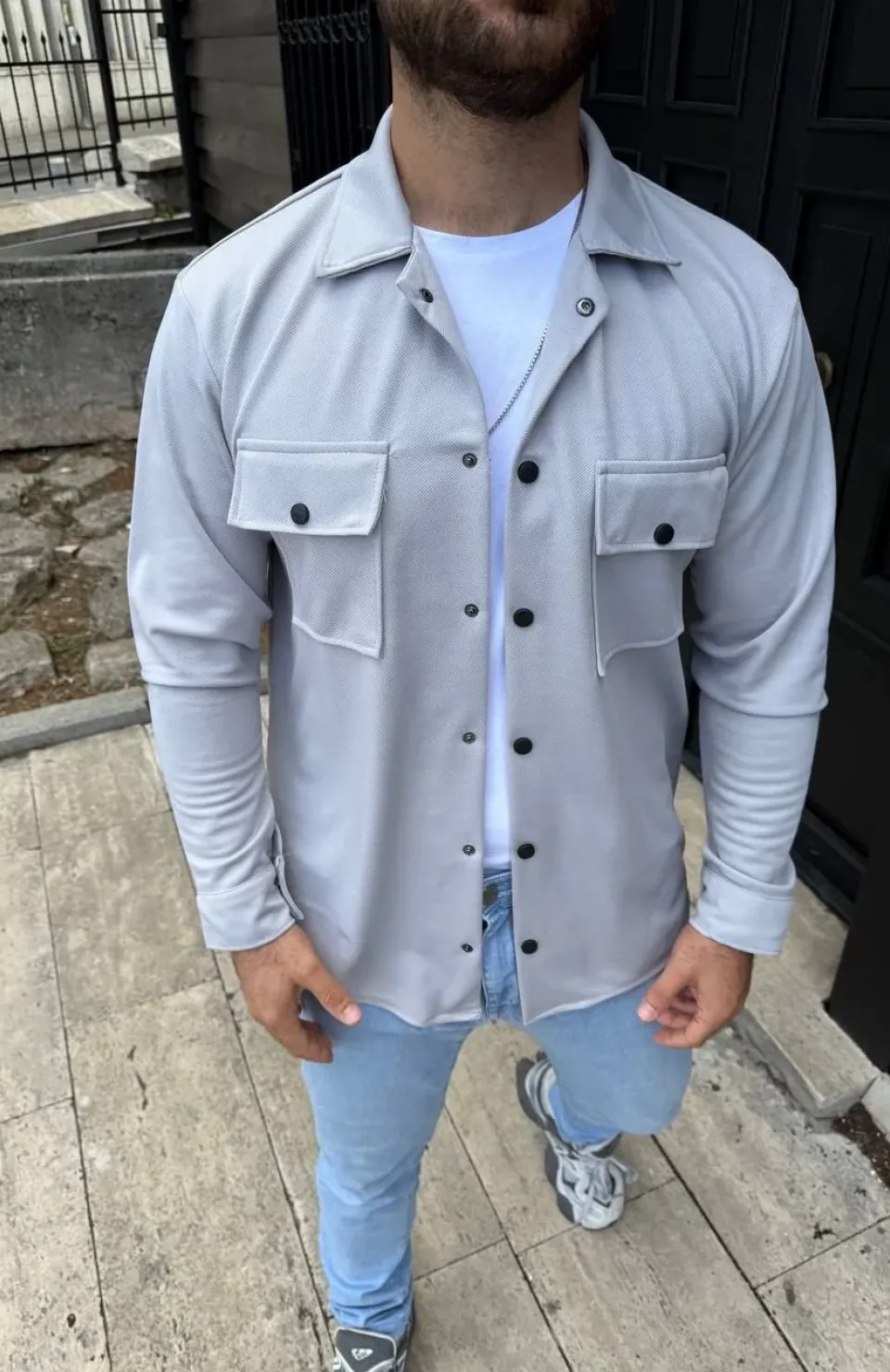 Erkek Diagonal Kumaş Cepli Çıtçıtlı uzun Kollu, Gömlek Oversize Rahat Kalıp Günlük Şık Stil - Gri