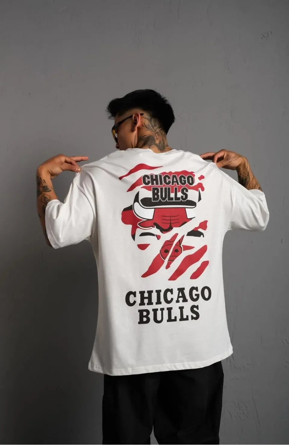 Erkek Sırt Baskılı A Kalite Oversize T-shirt - Beyaz