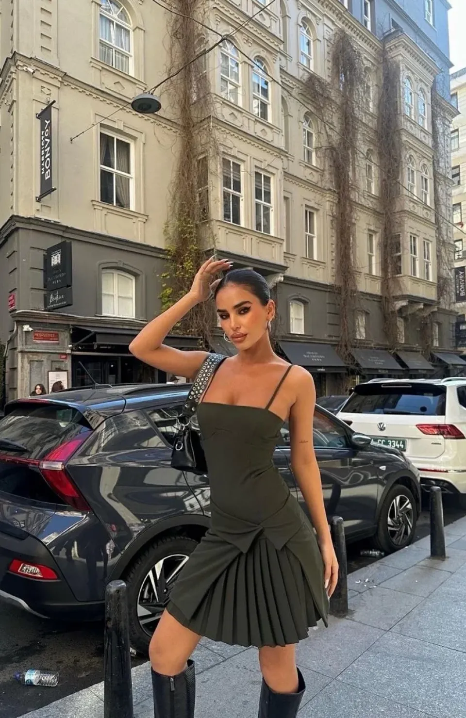 İki Parçalı Pileli Askılı Kadın Mini Elbise - Haki