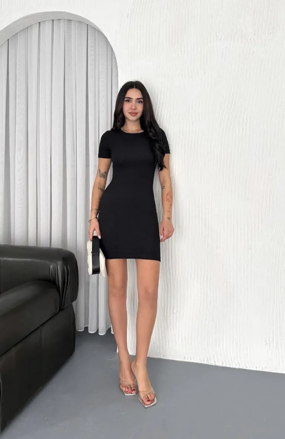 Kadın Bisiklet Yaka Kısa Kol Likralı Elbise - Siyah