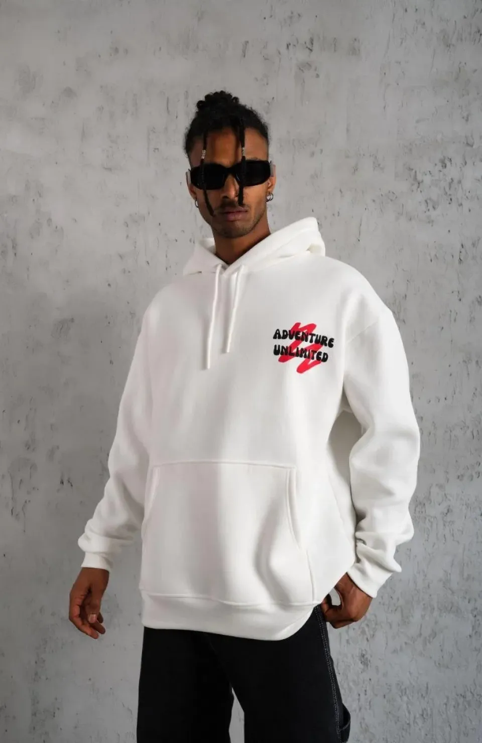 Erkek Şapkalı Güvercin Baskılı Kapşonlu Sweat - Beyaz