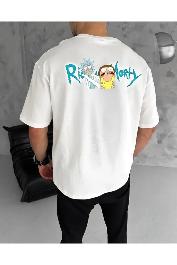 Unisex Bisiklet Yaka Baskılı Oversize T-Shirt - Beyaz