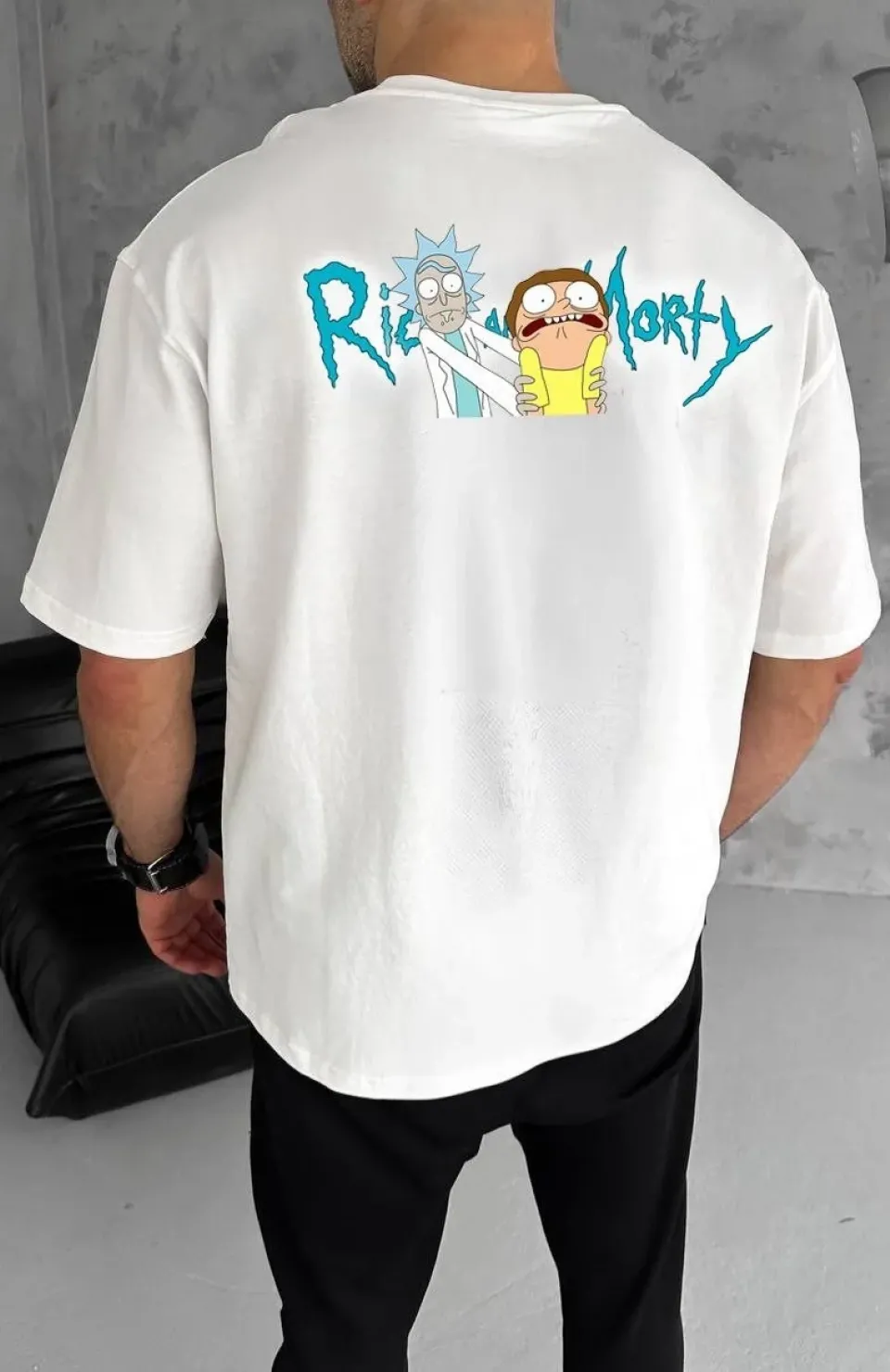 Unisex Bisiklet Yaka Baskılı Oversize T-Shirt - Beyaz