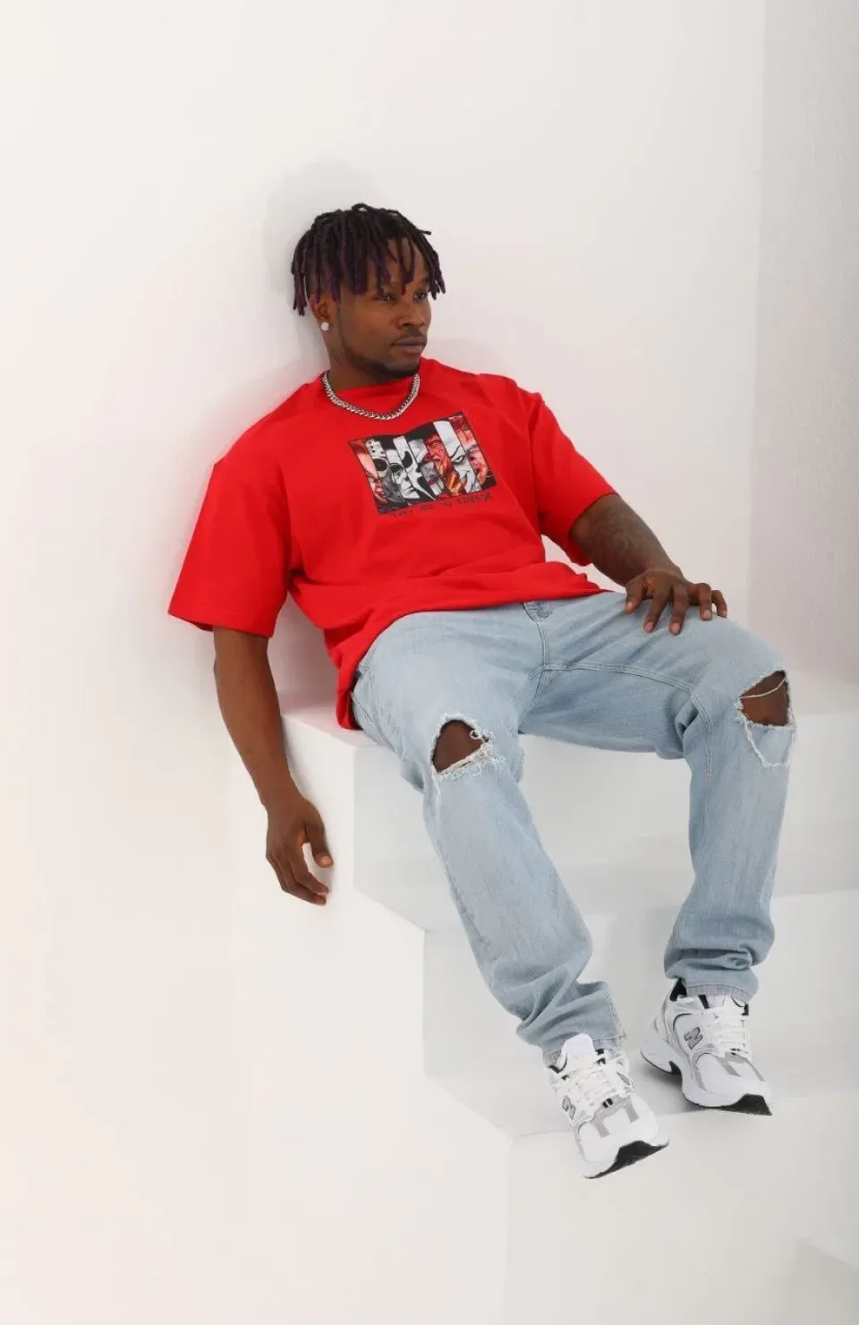 Unisex Oversize Baskılı Bisiklet Yaka T-Shirt - Kırmızı