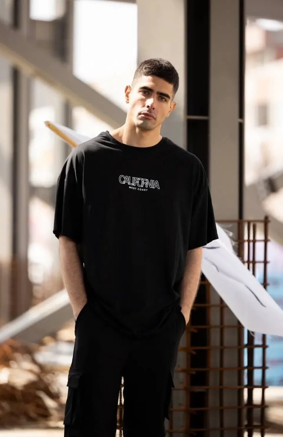 Unisex Bisiklet Yaka Baskılı Oversize T-Shirt - Siyah