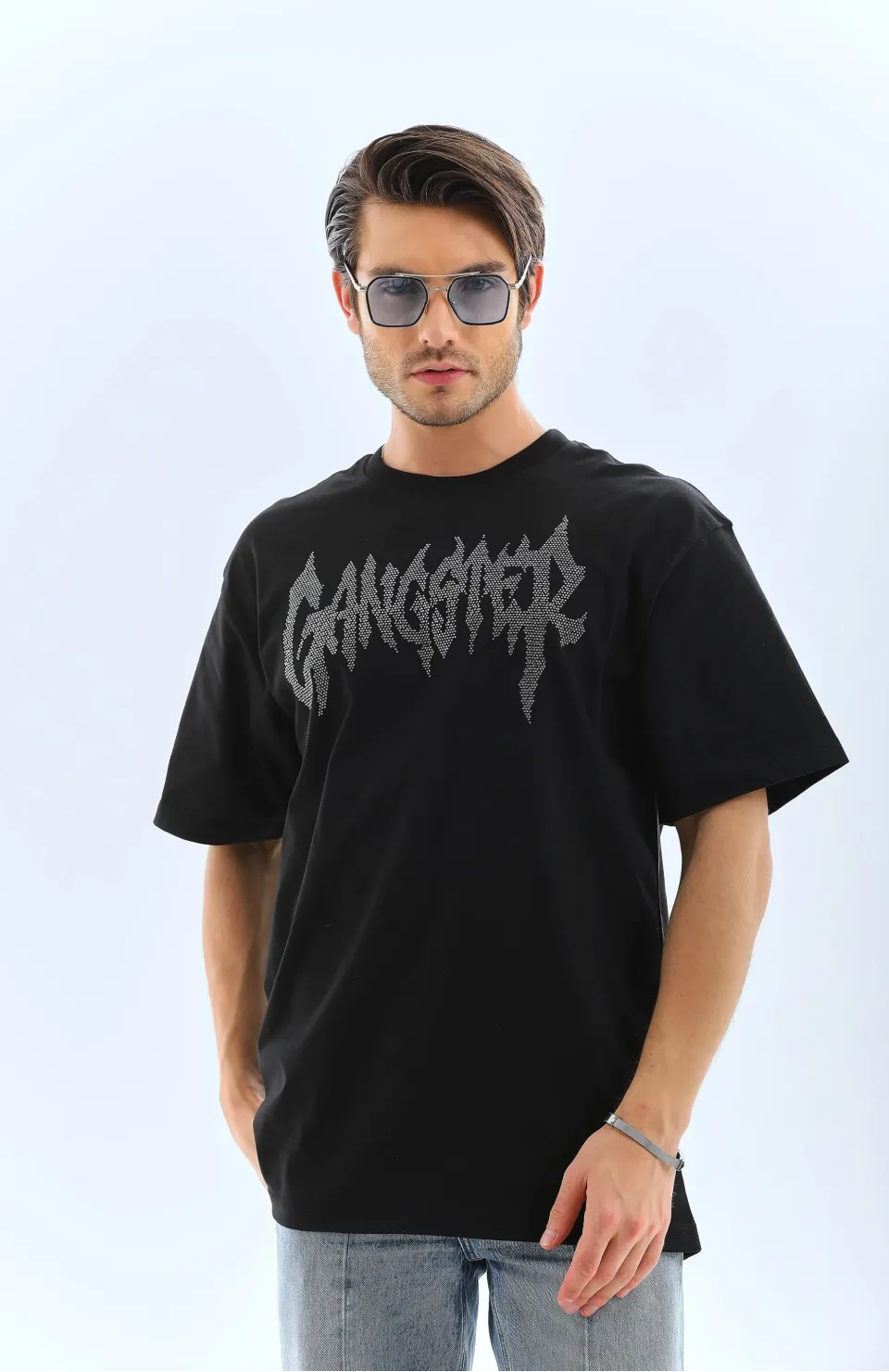 Unisex Oversize Taşlı Bisiklet Yaka T-Shirt - Siyah